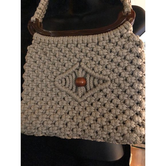 Tan Macramé Crochet Shoulder Bag Purse Wood Bead Center Boho - Picture 1 of 5